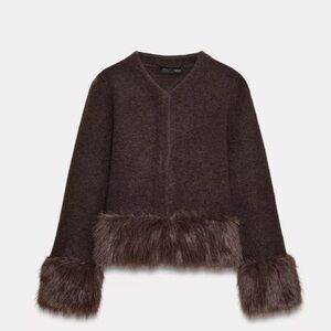ZARA FAUX FUR TRIM KNIT CARDIGAN NEW W/ TAGS